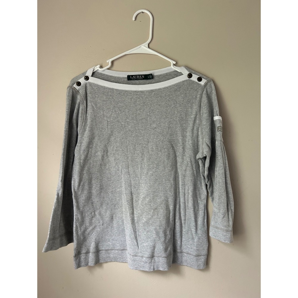 Lauren Ralph Lauren Gray 3/4 Sleeve Knit Top White Trim Nautical Buttons‎ L